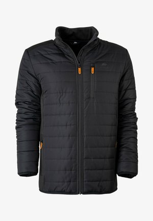 Schwarze isolierte Jacke mit Reißverschluss, gestepptem Muster, hohem Kragen und orangefarbenen Akzenten an den Reißverschlüssen und Taschen. Verfügt über Seitentaschen.