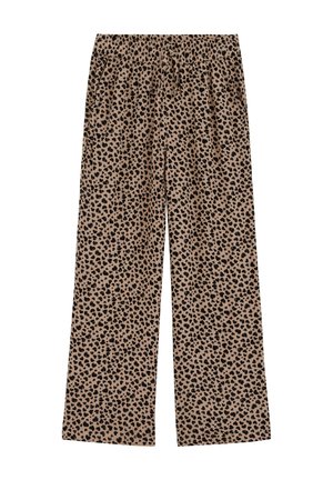 Beige bukser med vide ben, sort leopardprint og elastisk taljebånd.