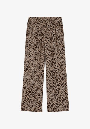 Bēšas krāsas plašas bikšu kājas ar melna leoparda rakstu un elastīgu jostasvietu.