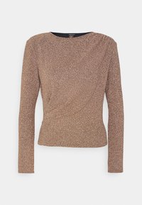 Top a maniche lunghe in tessuto bronzo metallico con scollatura rotonda e dettagli arricciati sul lato, creando una silhouette aderente.