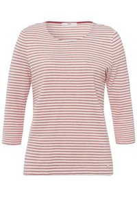 Top à manches longues rayé en rose clair et blanc, avec un col arrondi, une texture douce et un détail de logo discret en bas.