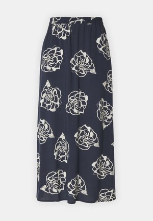 Tengerészeti virágmintás maxi szoknya rugalmas derékkal, fehér rózsák mintázatával és légies, könnyű anyagával.