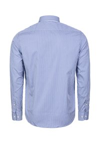 Långärmad skjorta med blå och vita vertikala ränder, klassisk krage och ärmslut med knappar. Tillverkad av mjukt bomullstyg.