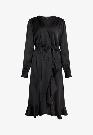 Must mustriba mähisega must sametkleit pikade varrukatega, V-kaelus, kogutu vöökoht ja volangiga äär. Sile tekstuur voolava siluettiga.