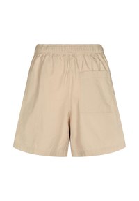 Béžové neformální šortky s elastickým pasem a velkou našitou kapsou na pravé straně, zobrazené zezadu.