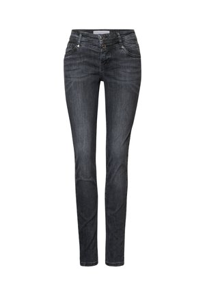 Dark gray jeans with a slim fit, featuring a two-button closure, subtle whiskering, and streamlined stitching. Made from denim fabric.
