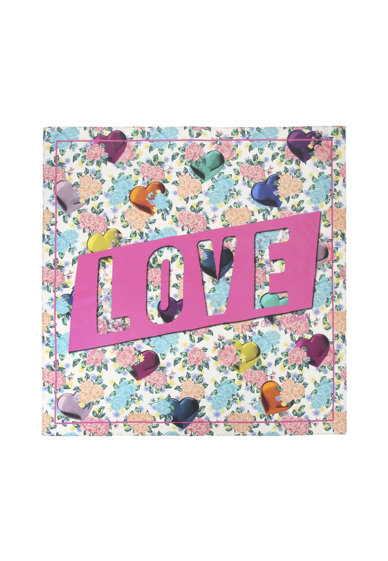 Biglietto rosa brillante con testo "LOVE" ritagliato, circondato da un motivo floreale con cuori colorati in varie tonalità su uno sfondo chiaro.