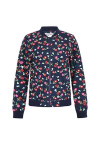 Bloemen bomberjack in marineblauw met rits, versierd met een mix van rode, roze en witte bloemen op een donkere achtergrond, met een geribde kraag en boorden.