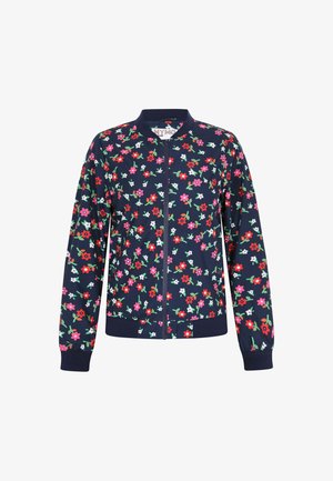 Bomba jakna tamno plave boje sa cvjetnim uzorkom, sa patentnim zatvaračem, koja sadrži mješavinu crvenih, ružičastih i bijelih cvjetova na tamnoj pozadini, rebrasti ovratnik i rukavi.