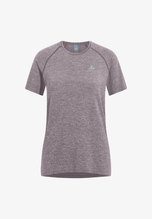 Kurze Ärmel Sportshirt aus einem melierten, helllilanen Stoff, mit rundem Ausschnitt und dezentem Logo auf der linken Brust.