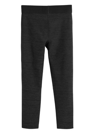 Zwarte sportleggings gemaakt van zachte jersey-stof, met een brede tailleband en een gladde textuur met een subtiel heatherpatroon.