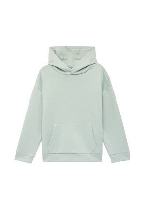 Lichtgroene pullover hoodie met lange mouwen en voorzak, weergegeven op een witte achtergrond.