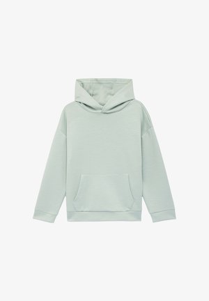 Lichtgroene pullover hoodie met lange mouwen en voorzak, weergegeven op een witte achtergrond.