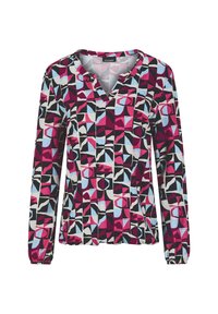 Langarmbluse mit einem mehrfarbigen geometrischen Muster in verschiedenen Schattierungen von Pink, Blau, Schwarz und Weiß. V-Ausschnitt-Design, elastische Bündchen.