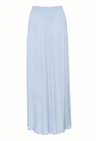 Pantalon ample bleu clair à taille élastique, tissu plissé offrant une coupe fluide et décontractée.