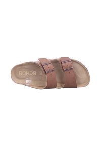 Brown leather sandals with two adjustable straps, a textured footbed, and a lightweight design. Brand name "ROHDE" embossed inside.