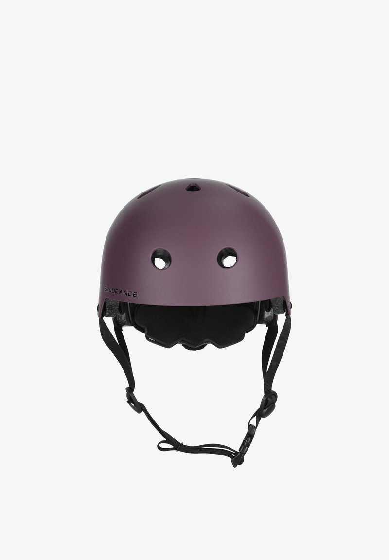 Casque de protection mat violet avec trous de ventilation, sangles de menton réglables noires et doublure intérieure rembourrée pour la sécurité.