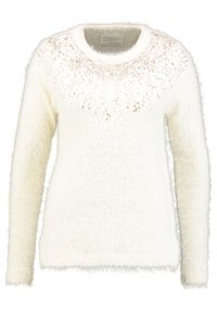 Pehmee valkoinen villapaita pitkillä hihoilla ja pyöreällä kaula-aukolla. Sisältää yksityiskohdan, jossa on paljetteja hartioiden lähellä, lisäten tekstuuria.