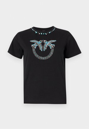 Sort kortærmet skjorte med perlebesætning af to spejlede fugle, der vender mod hinanden, og et perlehalskæde-mønster omkring halsudskæringen.