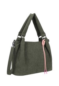 Groene suède handtas met een zachte textuur, twee geknoopte handvatten en een afneembare schouderriem. Voorzien van roze koordaccenten.