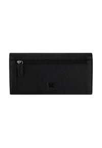 Cartera de cuero negro con textura suave, compartimento con cremallera y logotipo en relieve. Presenta un diseño rectangular y un estilo minimalista.