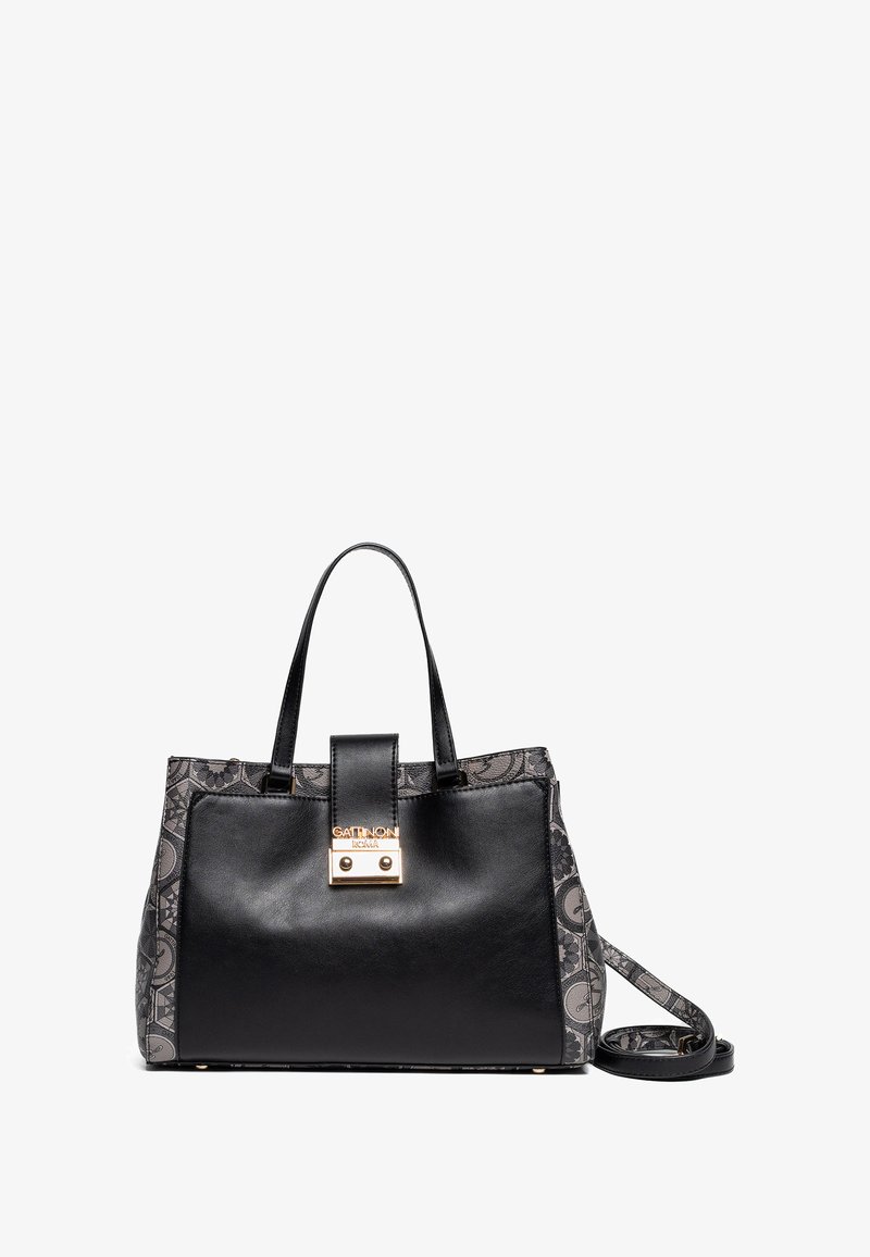 Borsa a mano in pelle nera con un tessuto grigio a motivo, forma strutturata, manici doppi, una tracolla staccabile e dettagli in metallo dorato.