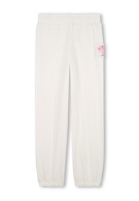Weiße Jogginghose mit elastischem Bund und Bündchen an den Knöcheln. Mit einem rosa Grafikpatch auf der linken Tasche. Weicher, glatter Stoff.