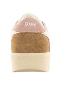 Back view of sneakers with a light beige fabric upper, pink and brown suede accents, and white logo detail. Rubber outsole visible.