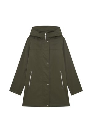 Imperméable vert avec capuche, doté d'une coupe droite, de boutons-pression et de deux poches latérales zippées. Fabriqué en tissu lisse et imperméable.