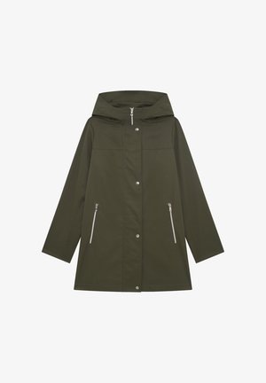 Groene regenjas met een capuchon, met een rechte snit, drukknoopsluiting en twee zijzakken met rits. Gemaakt van een gladde, waterdichte stof.
