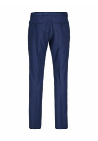 Marineblaue, maßgeschneiderte Hosen mit glatter Textur, zwei Gesäßtaschen und slim fit Design, ausgestattet mit dezenten Nähten.