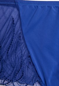 Blue lingerie featuring a smooth stretch fabric with intricate lace detailing, showcasing wave patterns and a sheer mesh section.