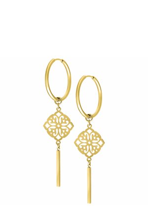 Gold hoop earrings with intricate square filigree and long thin bar pendants hanging below the filigree ornament.