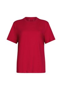 T-shirt rossa in cotone con scollo rotondo, maniche corte e fondo dritto. Texture liscia, vestibilità standard, senza motivi o dettagli visibili.