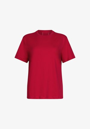 Rode katoenen t-shirt met een ronde hals, korte mouwen en rechte zoom. Soepele textuur, standaard pasvorm, geen zichtbare patronen of accenten.