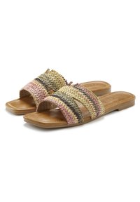 Sandales à glissière tissées avec des semelles en cuir tan et des sangles tissées multicolores dans des teintes de jaune, rose et noir. Design plat.