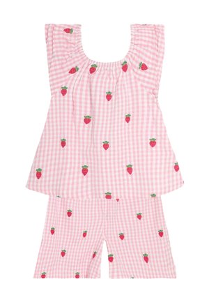 Lyserød gingham to-delt sæt med en volangtop og shorts, prydet med små jordbærbroderier over det hele. Blødt bomuldsstof.