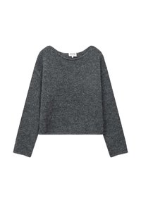 Maglione grigio corto realizzato in un morbido e dettagliare maglia testurizzata. Presenta un ampio scollo e maniche lunghe, con una finitura pulita e dettagli minimi.