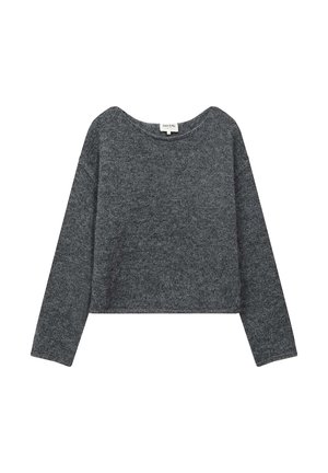 Grijs cropped sweater van een zachte, gestructureerde breisel. Heeft een wijde halslijn en lange mouwen, met een nette afwerking en minimalistische details.