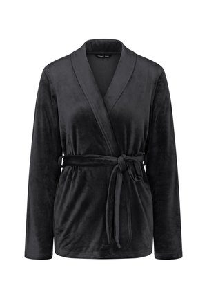 Μαύρο βελουτέ ρόμπα με μακριά μανίκια, γιακά σάλι και αντίστοιχο ζωνάκι. Λείο υφασμάτινο με γυαλιστερή φινέτσα και άνετη εφαρμογή.