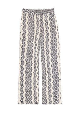 Pantalon à jambes larges en tissu texturé crème avec un motif en zigzag bleu marine. Doté d'une ceinture élastique pour un port facile.