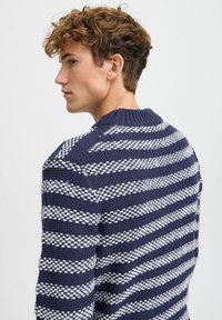 Maglione a righe navy e bianche in maglia con filo testurizzato, dotato di collo rotondo e polsini a coste, mostrato da dietro.