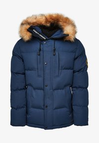 Tumši zils pūkains mētelis ar noņemamu mākslīgās kažokādas kapuci, biezs pildījums, priekšējie pielikšanas pogas un divas krūšu kabatas.