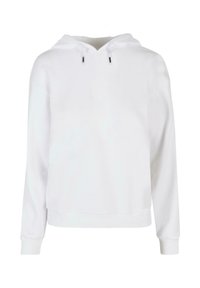Felpa bianca con cappuccio, maniche lunghe, vestibilità comoda e polsini a costine. Presenta lacci neri e una texture morbida e liscia.
