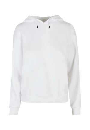 Valkoinen huppari, jossa on pitkät hihat, rento istuvuus ja resorit hihansuissa. Varustettu mustilla nyöreillä ja pehmeällä, sileällä pinnalla.