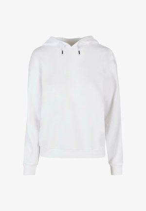 Hanorac alb cu glugă, cu mâneci lungi, o croială lejeră și manșete din tricot. Are șnururi negre și o textură moale și netedă.