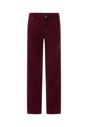 Burgundy straight-leg pants with front pockets, belt loops, and a button closure, displayed against a white background.