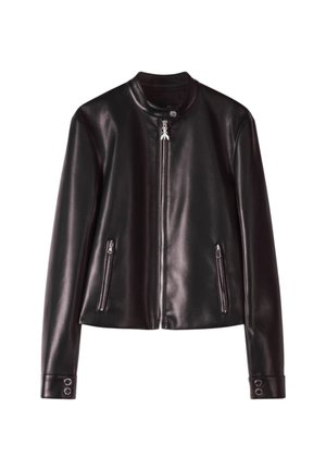 Giacca in pelle nera con cerniera frontale, tasche laterali con cerniera, colletto con bottoni a pressione e dettagli a pressione sui polsini delle maniche.