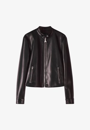 Giacca in pelle nera con cerniera frontale, tasche laterali con cerniera, colletto con bottoni a pressione e dettagli a pressione sui polsini delle maniche.