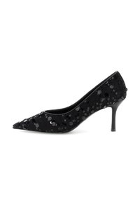 Scarpe con tacco stiletto a punta nera per donna, rivestite di paillettes, mostrate in profilo laterale su sfondo bianco.